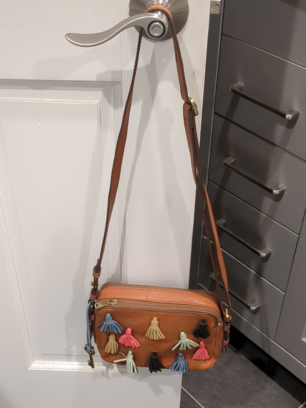 Fossil Tassel Tan Leather Crossbody Bag